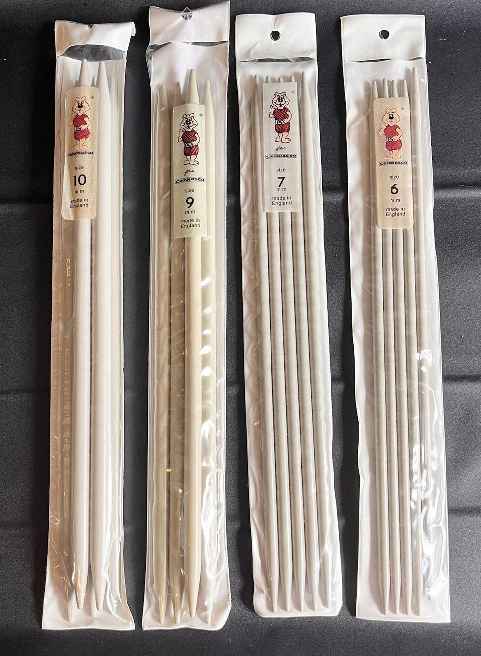 Lot Of 4 Sets Of Grignasco Double-Pointed Knitting Needles, 10mm, 9mm, 7mm, 6mm